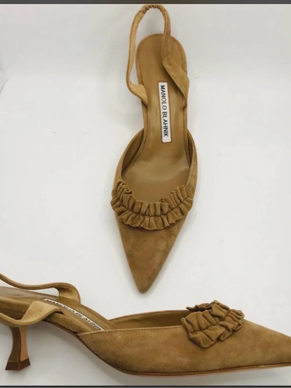 Manolo Blahnik Camel Suede Pointed Slingback Pumps with Ruching